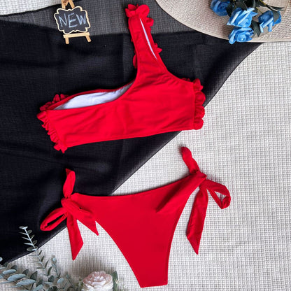 Ruffle One Shoulder Tie Side Brazilian Bikini Swimsuit - On sale