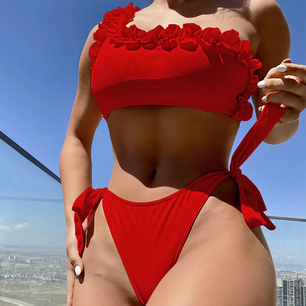 Ruffle One Shoulder Tie Side Brazilian Bikini Swimsuit - Red / S On sale