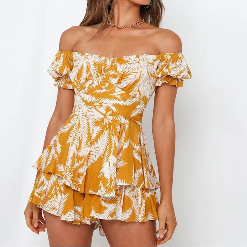 Ruffle Printing Puff Sleeve Off Shoulder Beach Romper - On sale