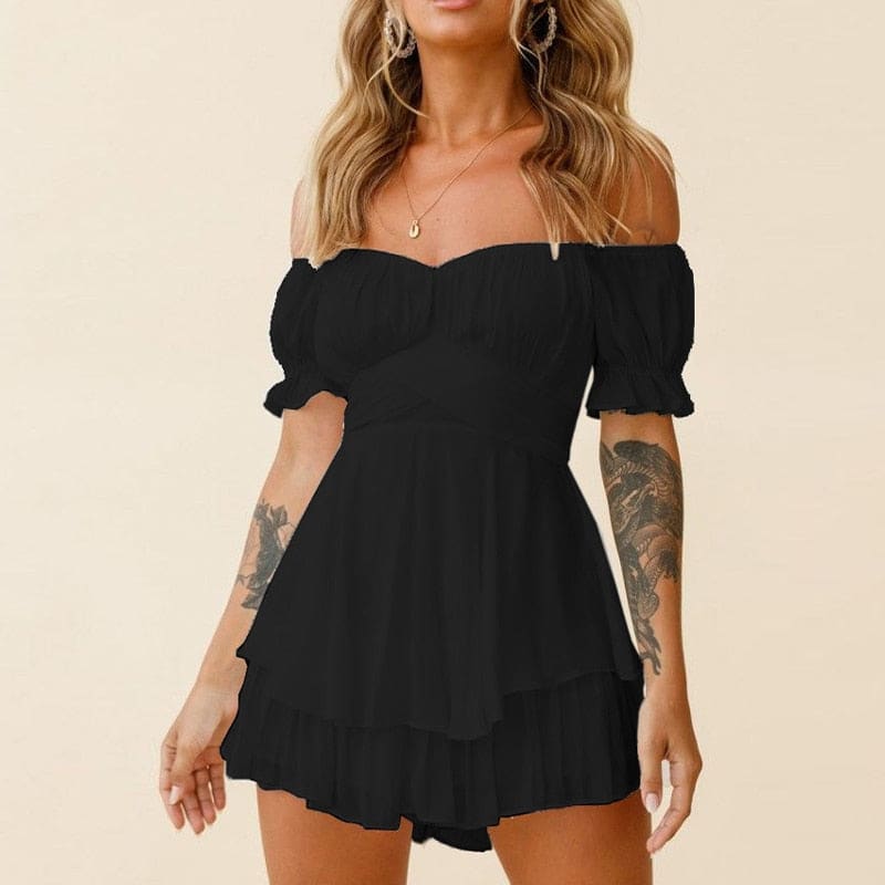 Ruffle Printing Puff Sleeve Off Shoulder Beach Romper - A-1 / S On sale