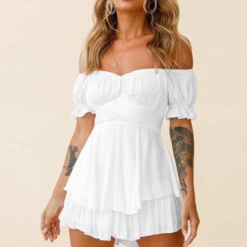 Ruffle Printing Puff Sleeve Off Shoulder Beach Romper - A-2 / S On sale