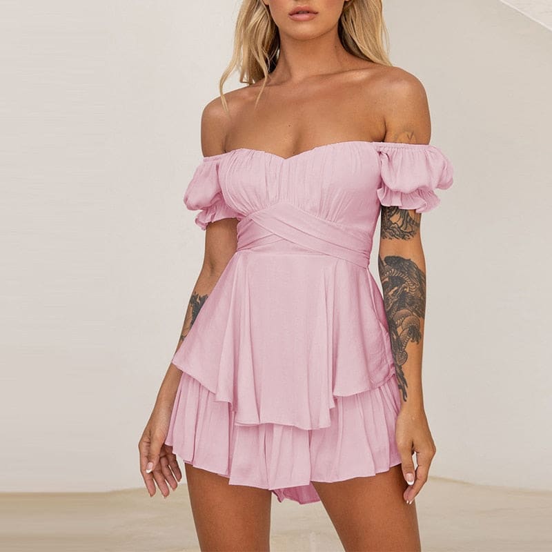 Ruffle Printing Puff Sleeve Off Shoulder Beach Romper - A-3 / S On sale