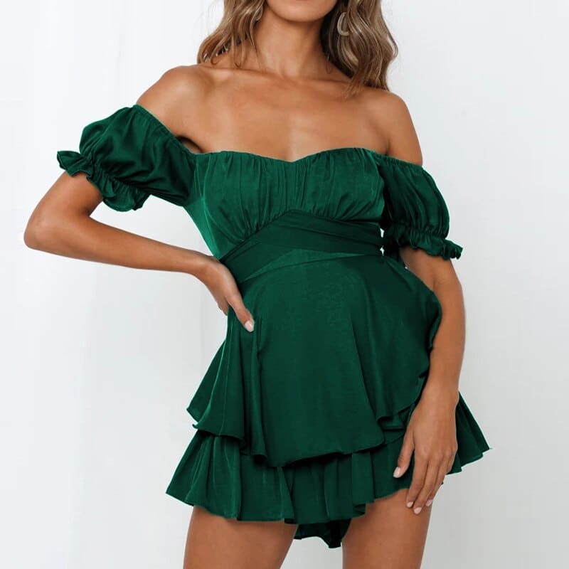 Ruffle Printing Puff Sleeve Off Shoulder Beach Romper - A-9 / S On sale