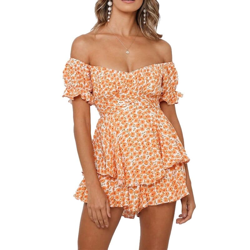Ruffle Printing Puff Sleeve Off Shoulder Beach Romper - B-1 / S On sale