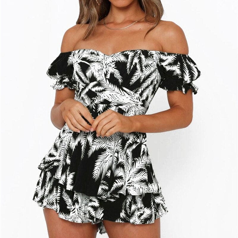 Ruffle Printing Puff Sleeve Off Shoulder Beach Romper - B-6 / S On sale
