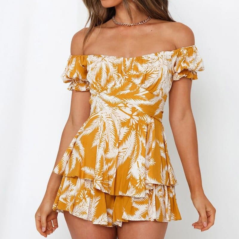 Ruffle Printing Puff Sleeve Off Shoulder Beach Romper - B-7 / S On sale