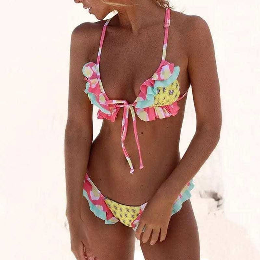Ruffle Sliding Triangle Low Rise Cheeky Brazilian Bikini Swimsuit - On sale