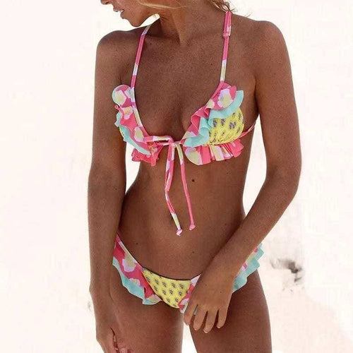 Ruffle Sliding Triangle Low Rise Cheeky Brazilian Bikini Swimsuit - On sale