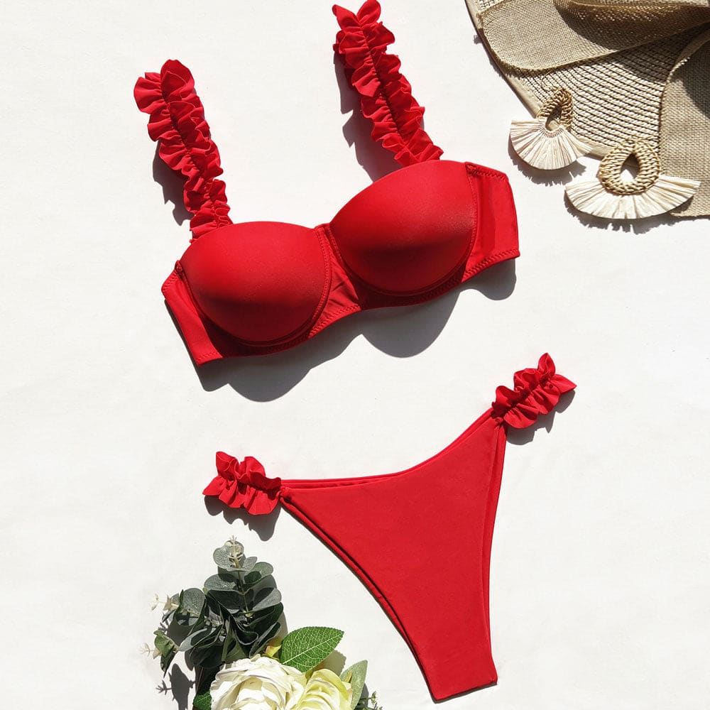 Ruffle String Underwire Brazilian Bikini Swimsuit - On sale