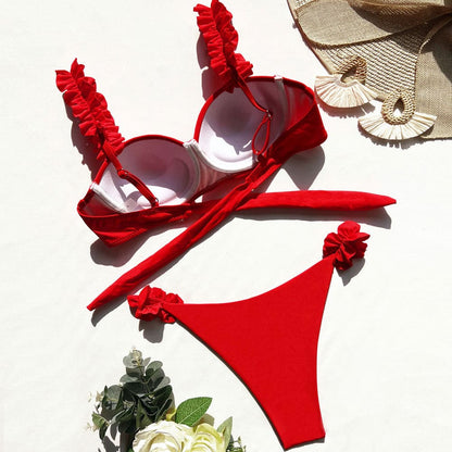 Ruffle String Underwire Brazilian Bikini Swimsuit - On sale