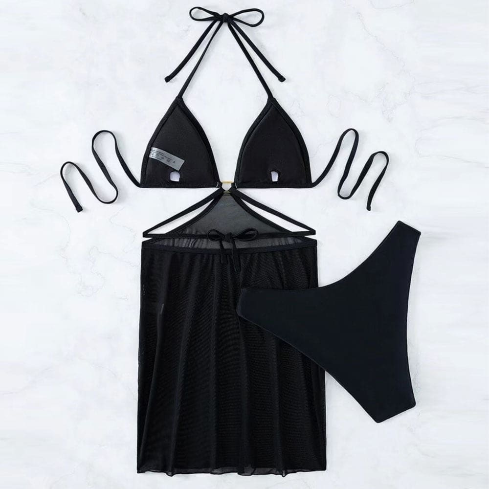 Sarong High Cut Halter Triangle Three Piece Swimsuit - On sale