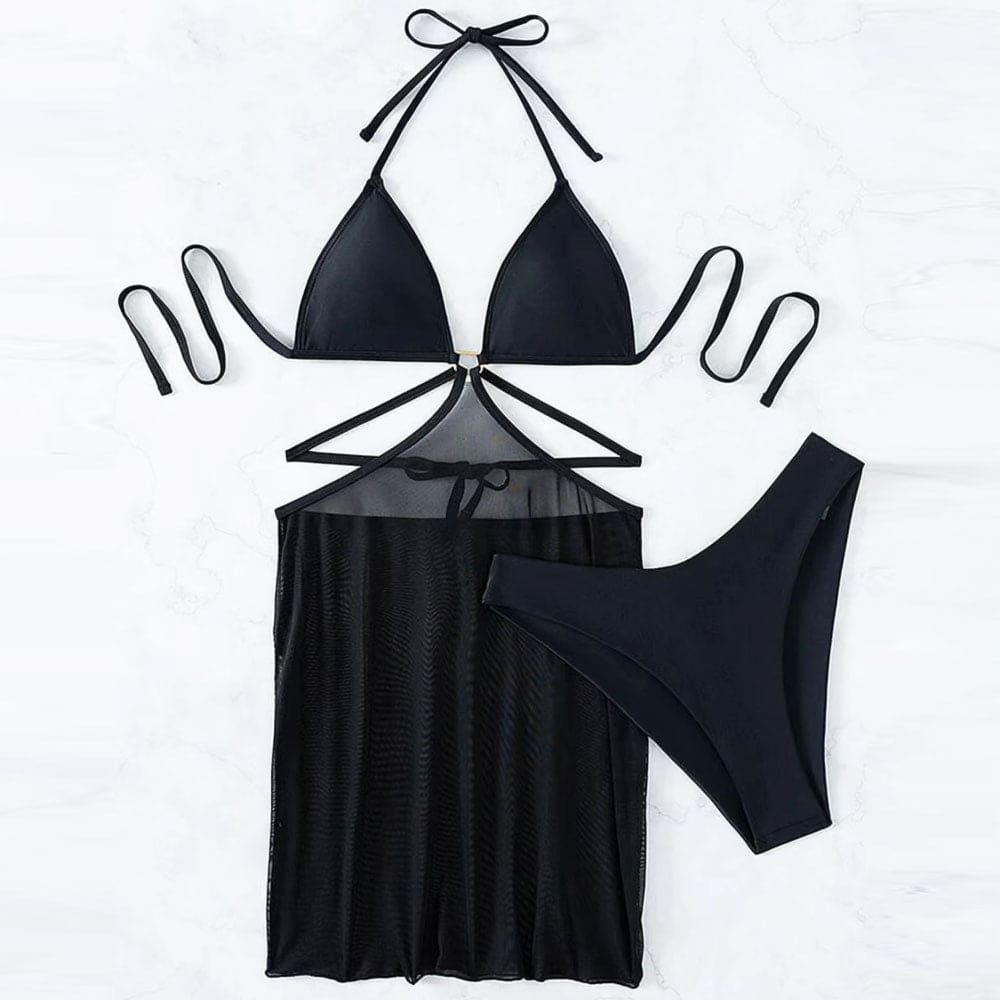 Sarong High Cut Halter Triangle Three Piece Swimsuit - On sale