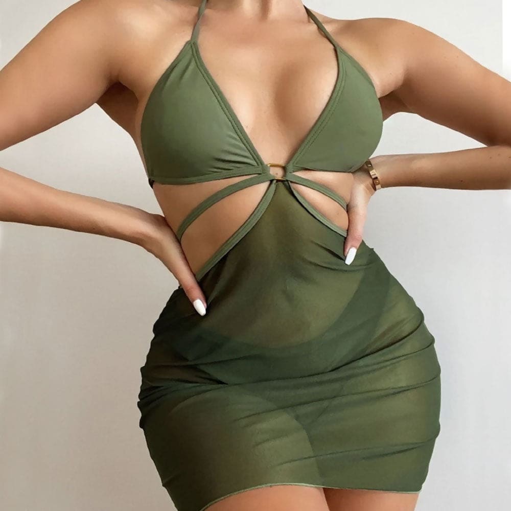 Sarong High Cut Halter Triangle Three Piece Swimsuit - Army Green / S On sale