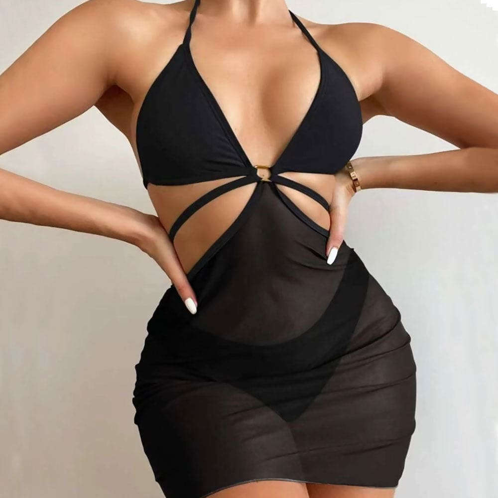 Sarong High Cut Halter Triangle Three Piece Swimsuit - Black / S On sale
