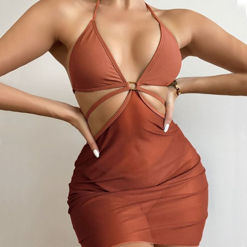 Sarong High Cut Halter Triangle Three Piece Swimsuit - Brown / S On sale