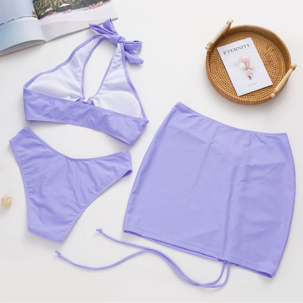 Sarong O Ring Halter Brazilian Three Piece Swimsuit - On sale