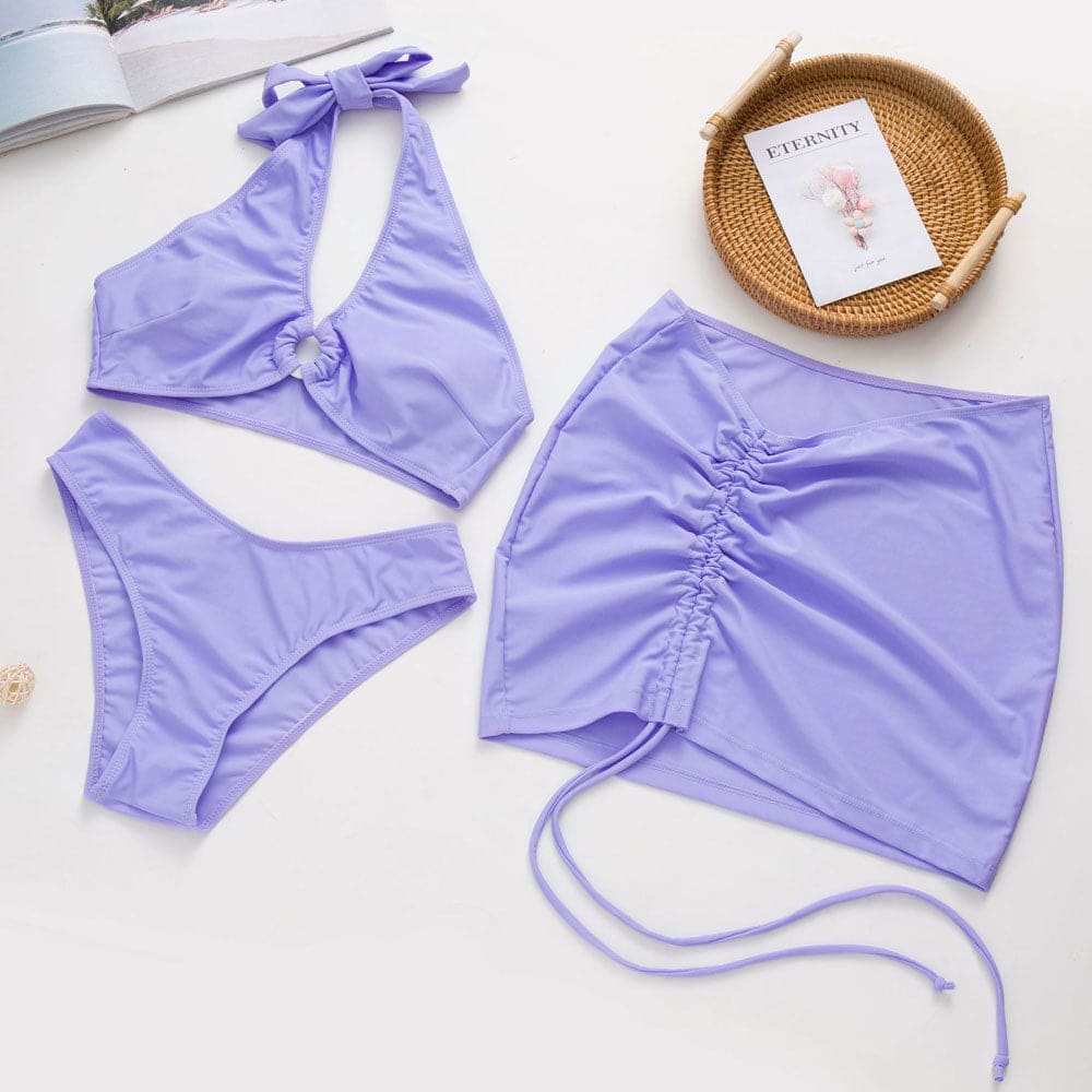 Sarong O Ring Halter Brazilian Three Piece Swimsuit - On sale