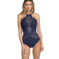 Scalloped High Neck Lace Low Back One Piece Swimsuits - blue / S On sale