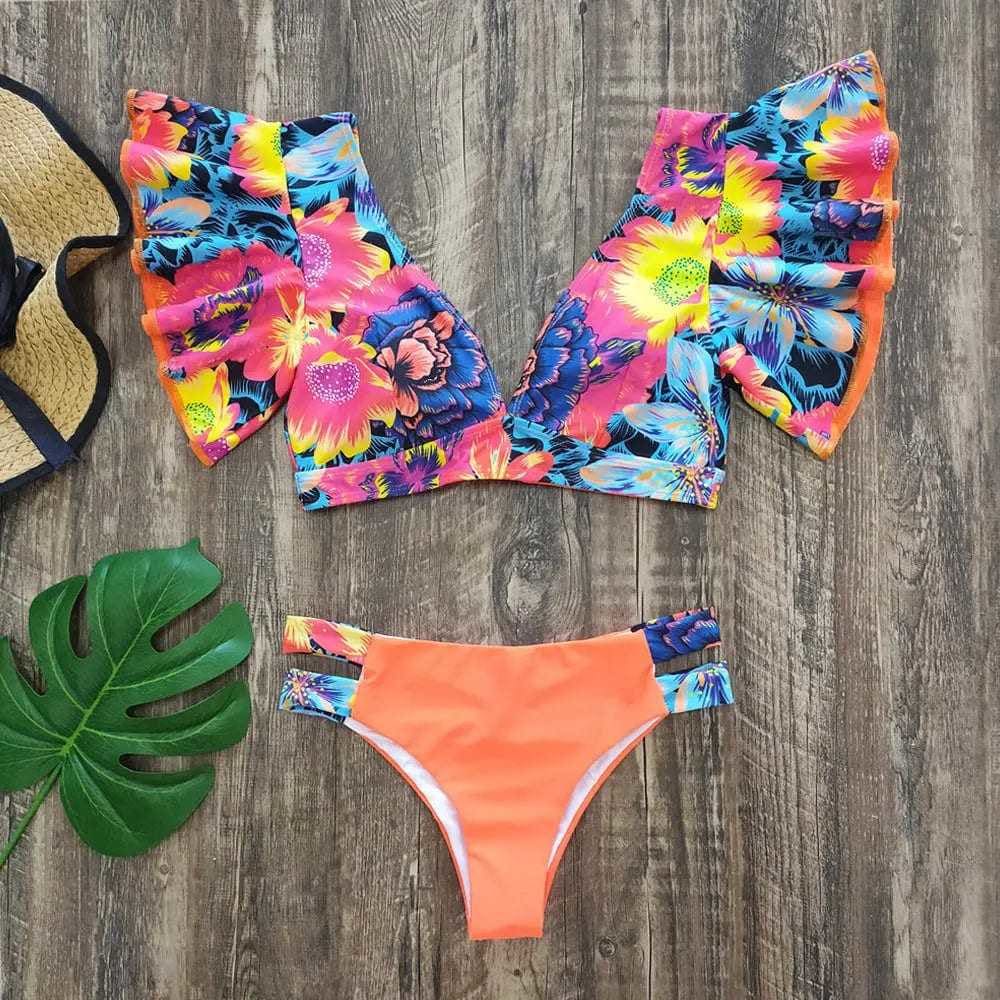 Sexy Brazilian Ruffle Print Floral Push Up Bikini Swimsuit - On sale