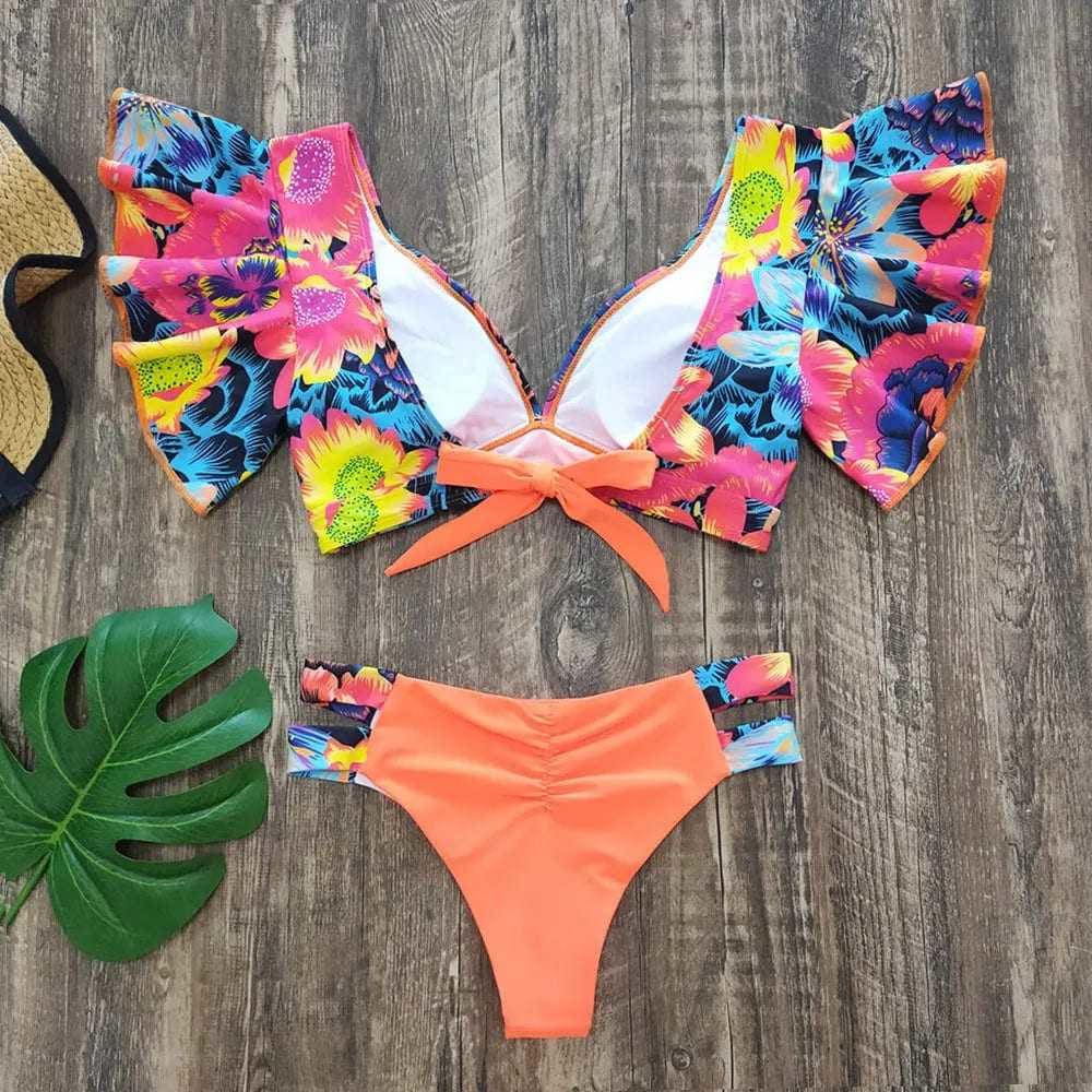 Sexy Brazilian Ruffle Print Floral Push Up Bikini Swimsuit - On sale