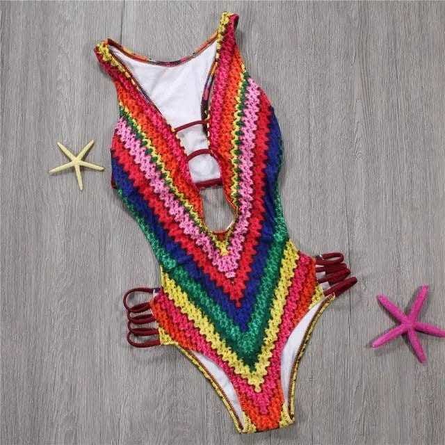 Sexy Colorful Printed Strappy Deep V Backless Monokini - red swimsuits / XXL On sale