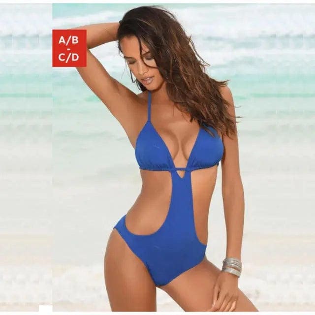 Sexy Cut Out Sliding Triangle Low Back Monokini One Piece Swimsuit - Blue / XL On sale