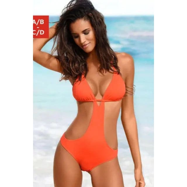 Sexy Cut Out Sliding Triangle Low Back Monokini One Piece Swimsuit - Orange / XL On sale