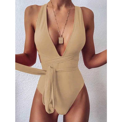 Sexy Deep V Neck Backless Brazilian One Piece Swimsuit - beige / S / China On sale