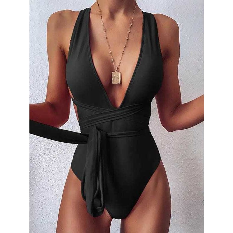 Sexy Deep V Neck Backless Brazilian One Piece Swimsuit - black 2 / S / China On sale