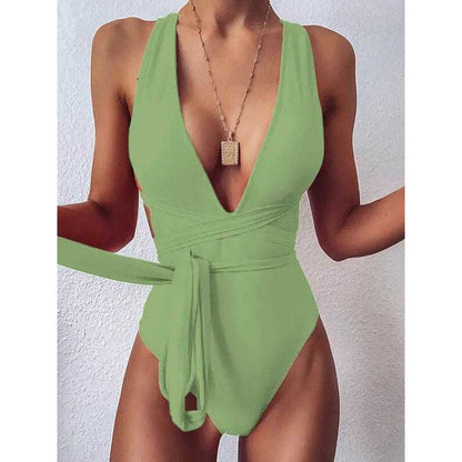 Sexy Deep V Neck Backless Brazilian One Piece Swimsuit - green 3 / S / China On sale