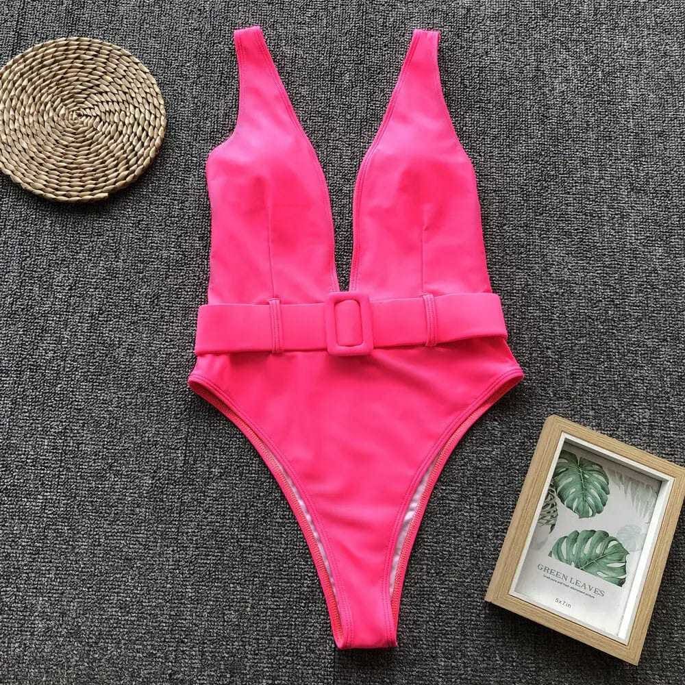 Sexy Deep V Neck Backless Brazilian One Piece Swimsuit - hot pink 2 / S / China On sale