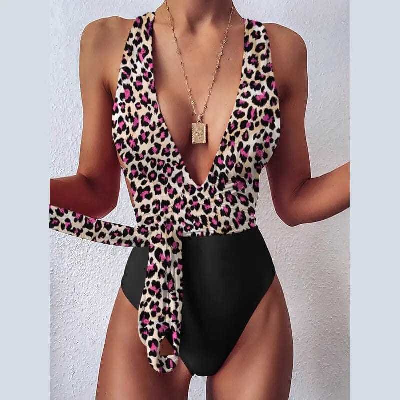 Sexy Deep V Neck Backless Brazilian One Piece Swimsuit - leopard 2 / S / China On sale