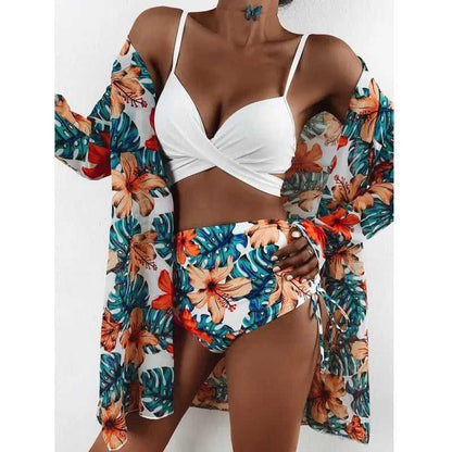 Sexy Floral High Waist Three Pieces Bikini Sets - On sale