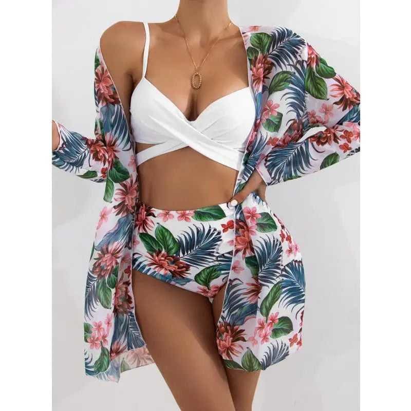Sexy Floral High Waist Three Pieces Bikini Sets - On sale