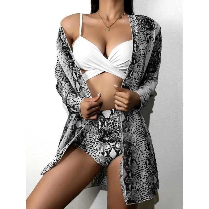 Sexy Floral High Waist Three Pieces Bikini Sets - GRAY / S On sale