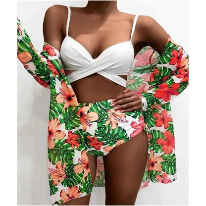Sexy Floral High Waist Three Pieces Bikini Sets - O / S On sale
