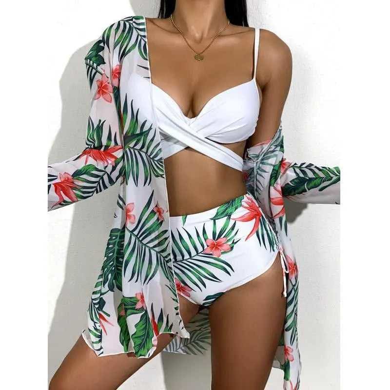 Sexy Floral High Waist Three Pieces Bikini Sets - R / S On sale