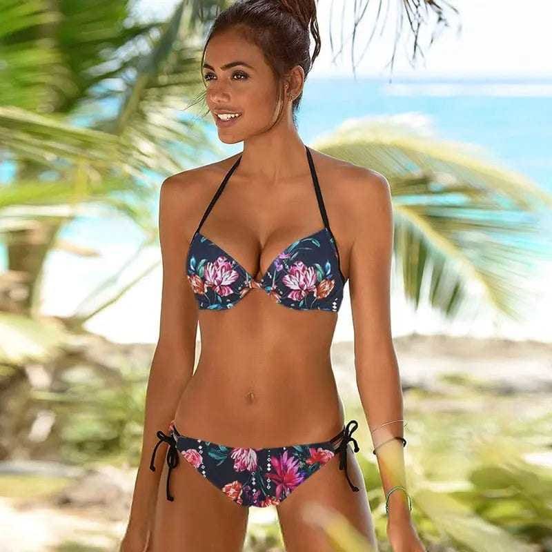 Sexy Floral Print Push Up Halter Brazilian Bikini Swimsuit - 1 / S On sale