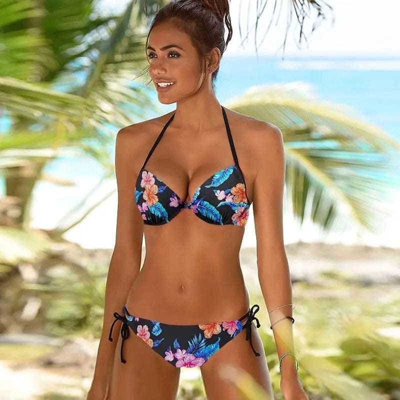 Sexy Floral Print Push Up Halter Brazilian Bikini Swimsuit - 2 / S On sale