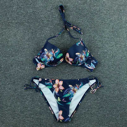 Sexy Floral Print Push Up Halter Brazilian Bikini Swimsuit - On sale