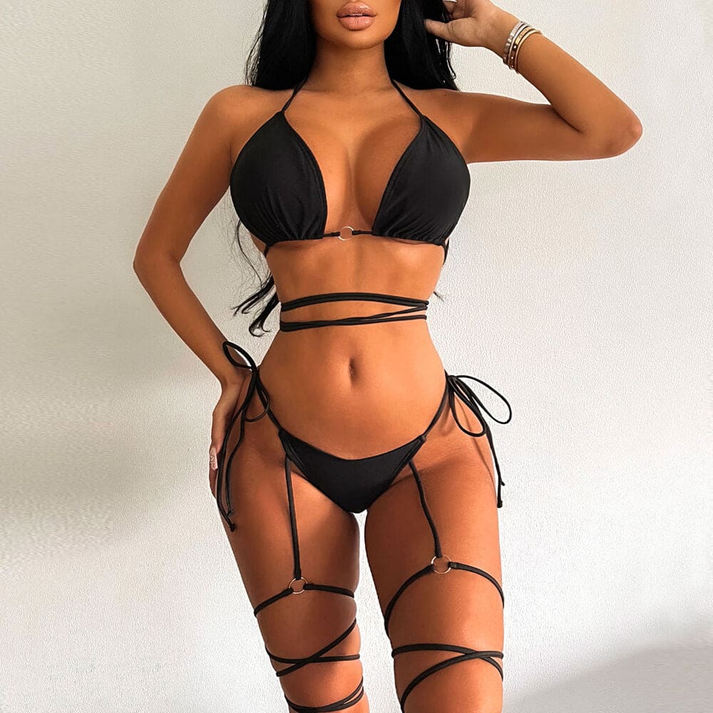 Sexy Garter String Wrap Triangle Brazilian Bikini Swimsuit - Black / S On sale