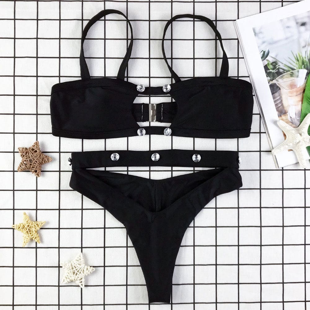 Sexy High Cut Crystal Cutout Brazilian Bikini Swimsuit - Black / S On sale