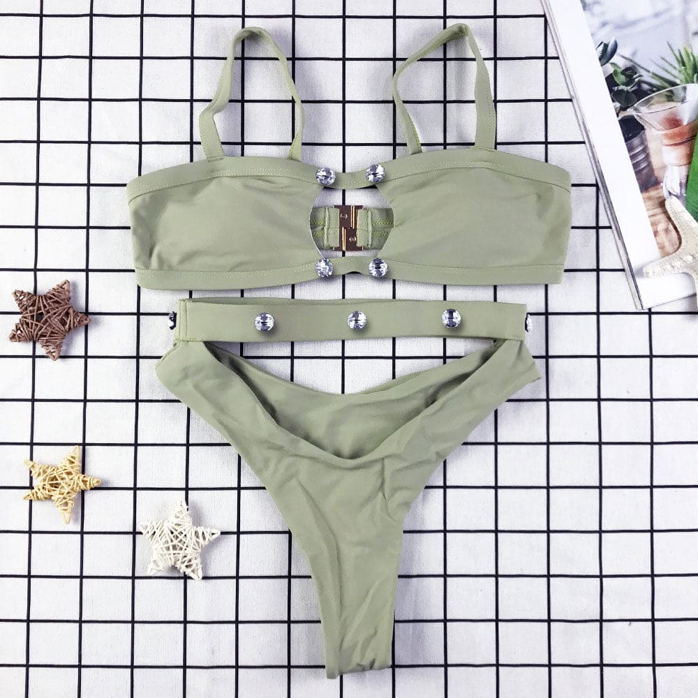Sexy High Cut Crystal Cutout Brazilian Bikini Swimsuit - Dusty Green / S On sale