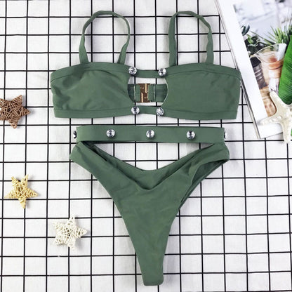 Sexy High Cut Crystal Cutout Brazilian Bikini Swimsuit - Emerald Green / S On sale