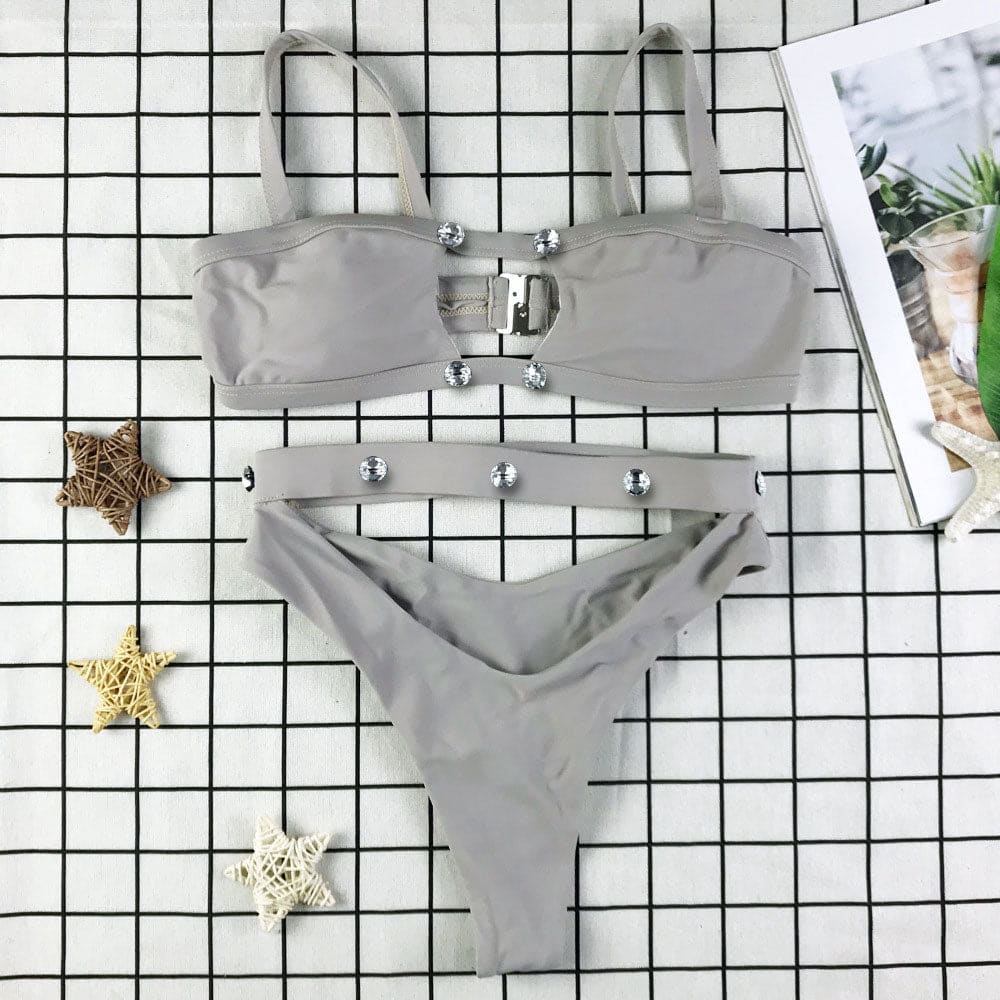 Sexy High Cut Crystal Cutout Brazilian Bikini Swimsuit - Gray / S On sale
