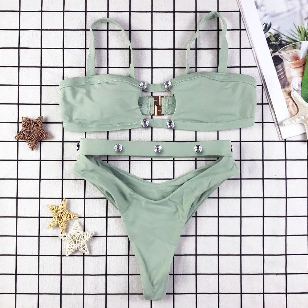 Sexy High Cut Crystal Cutout Brazilian Bikini Swimsuit - Mint Green / S On sale