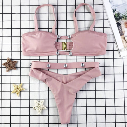 Sexy High Cut Crystal Cutout Brazilian Bikini Swimsuit - Pink / S On sale