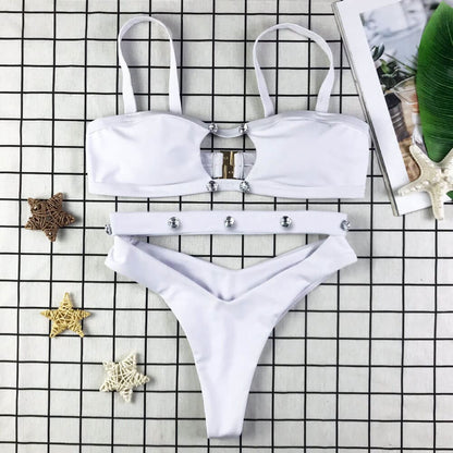 Sexy High Cut Crystal Cutout Brazilian Bikini Swimsuit - White / S On sale