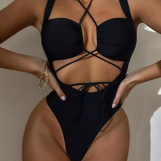 Sexy High Cut Cutout String Thong One Piece Swimsuit - Black / S On sale
