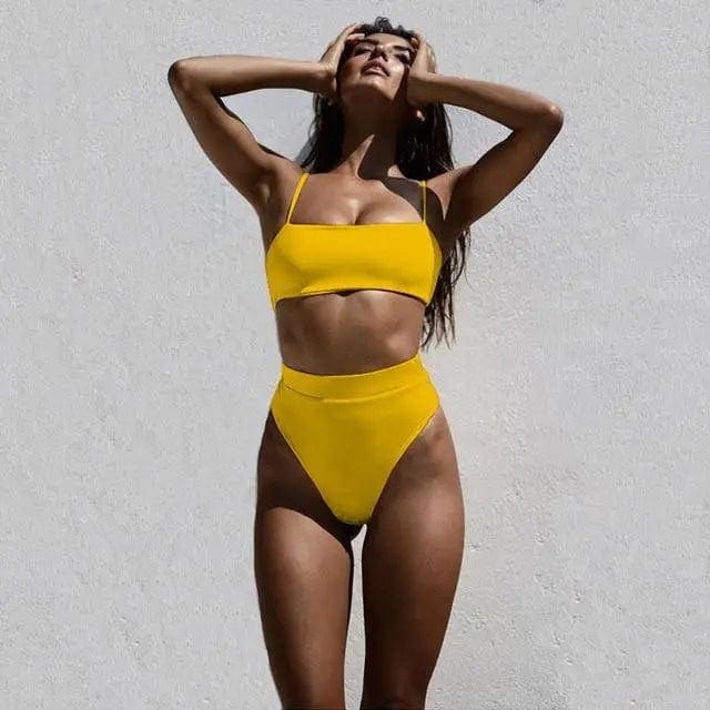 Sexy High Waist Bandeau Brazilian Bikini Swimsuit - Yellow / S On sale